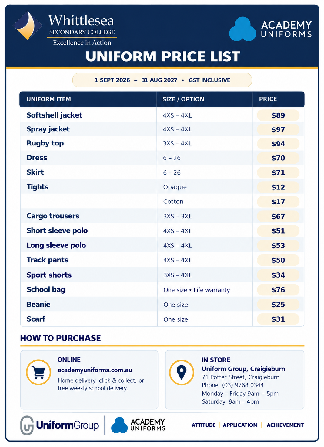 Whittlesea Secondary College Uniform Price List 2026.2027